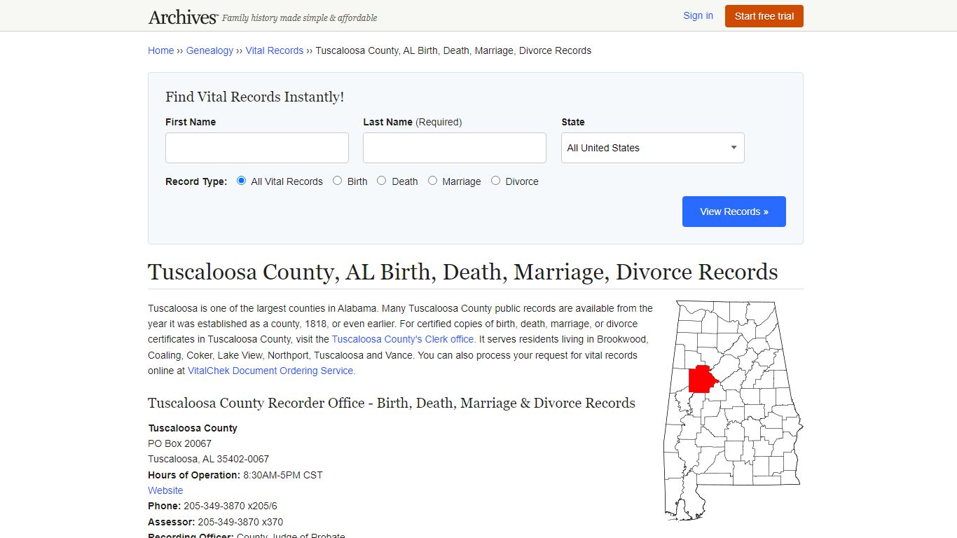 Tuscaloosa County, AL Birth, Death, Marriage, Divorce Records