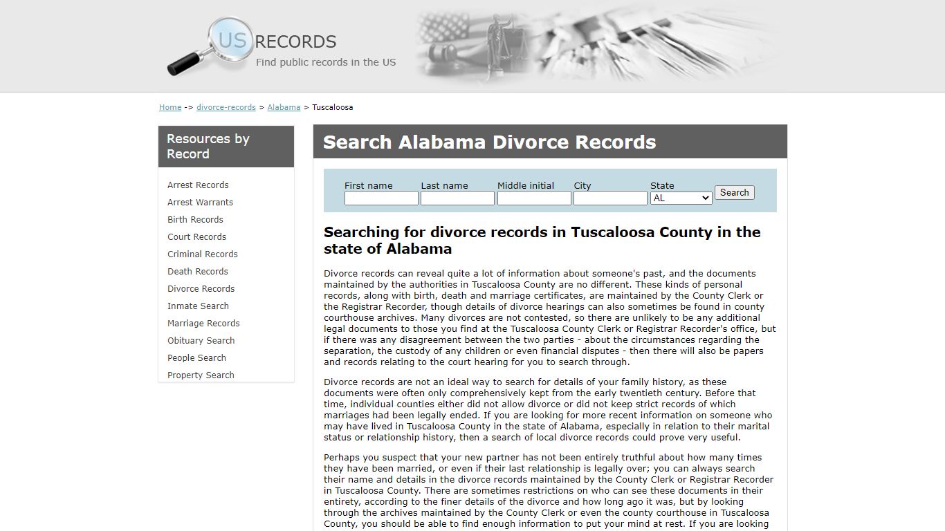 Search Divorce Records Tuscaloosa Alabama | US Records